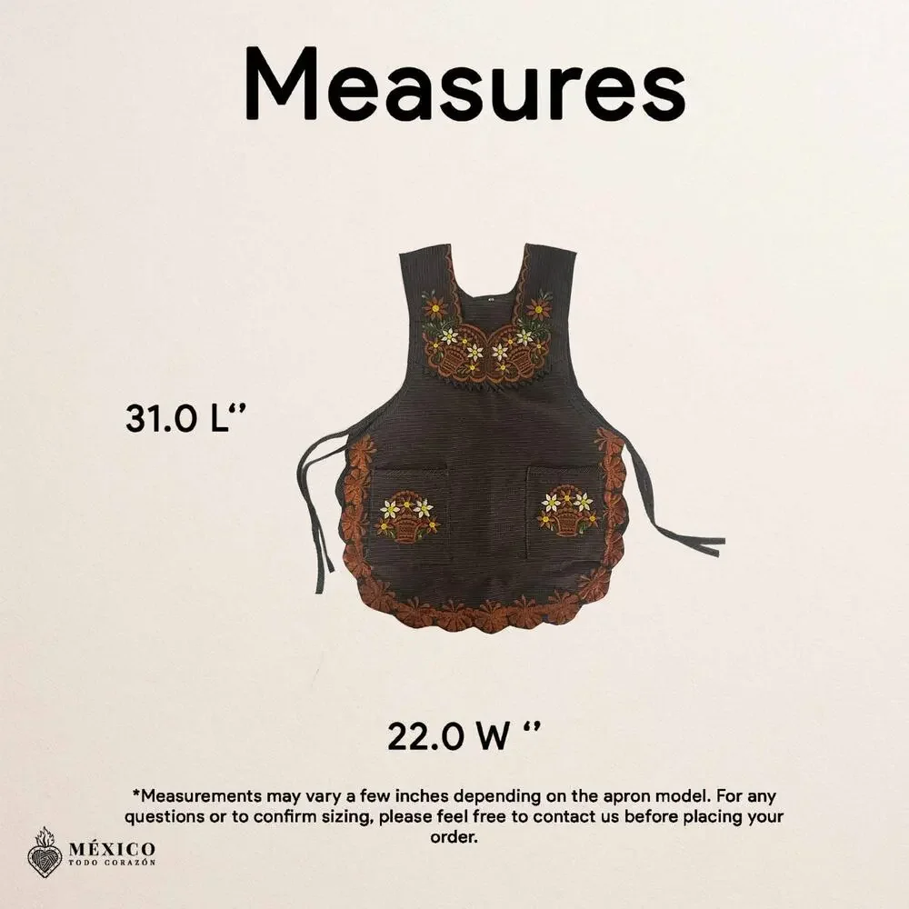 Brown Mexican Embroidered Smock Apron – Floral Traditional Design